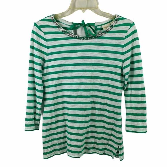 Chico’s Green White Striped Embellished Crew Neck Top Size Small - Picture 1 of 10